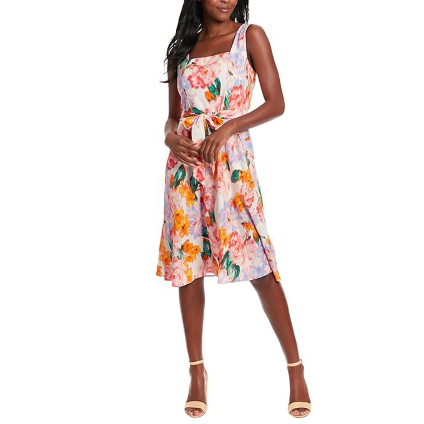 London Times Women's Linen Blend Square Neck Fit And Flare Midi Dress