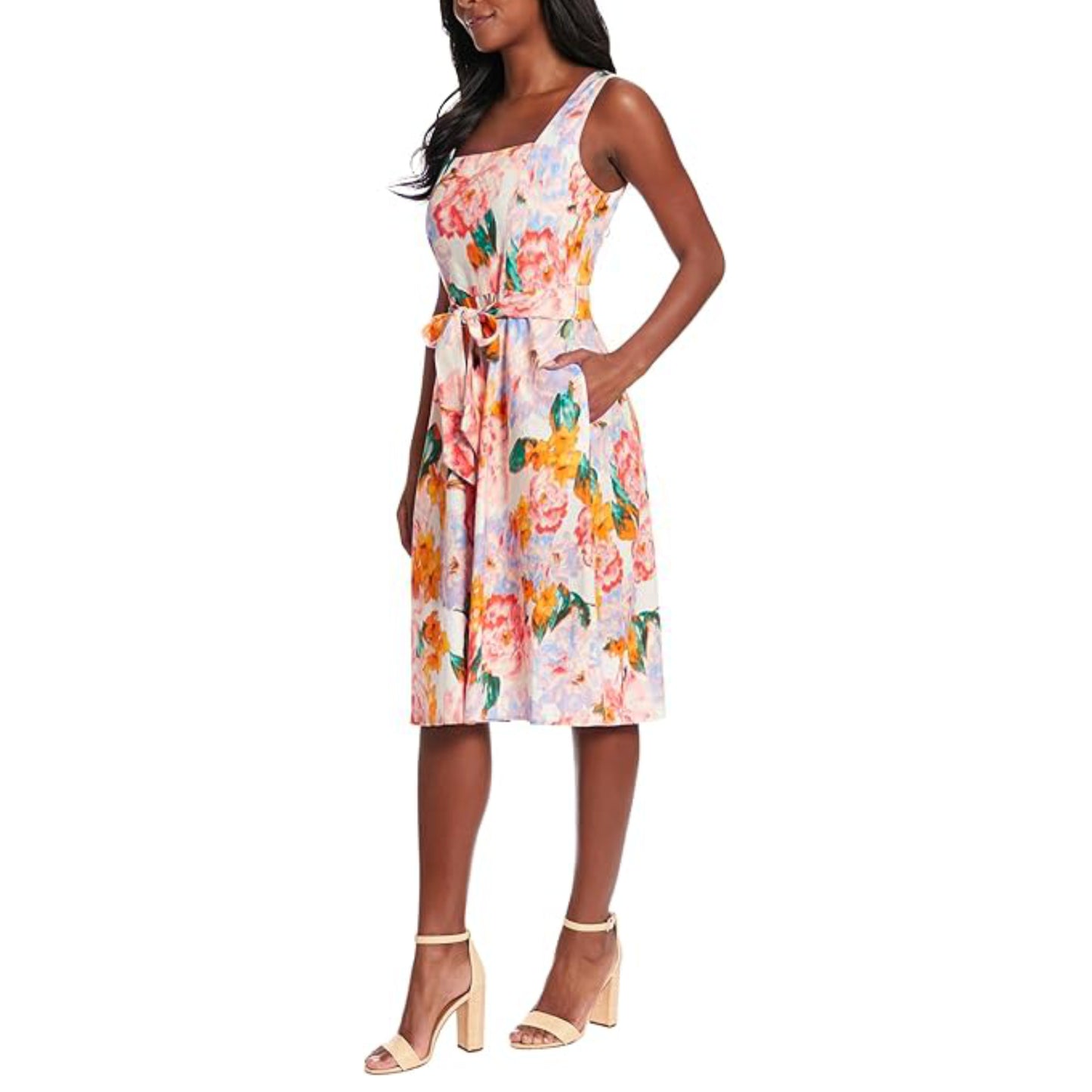 London Times Women's Linen Blend Square Neck Fit And Flare Midi Dress