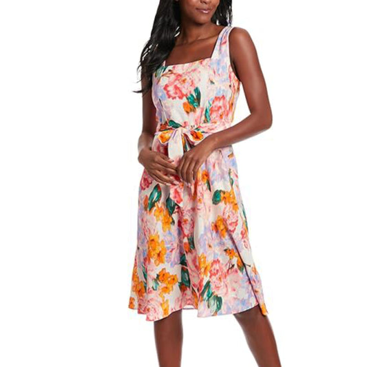 London Times Women's Linen Blend Square Neck Fit And Flare Midi Dress