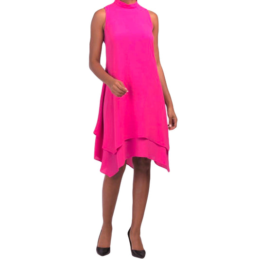 London Times Women's Mock Neck Sharkbite Hem Tiered Shift Mini Dress