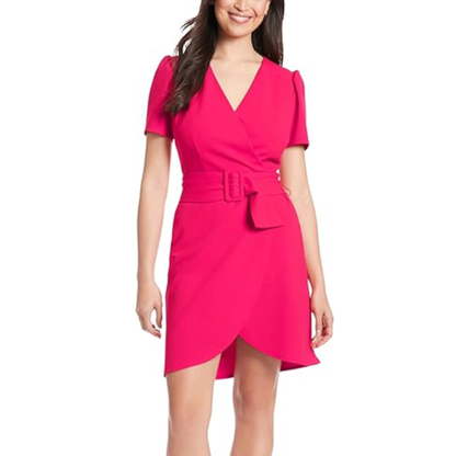London Times Women's Puff Sleeve Belted Wrap Style Mini Dress
