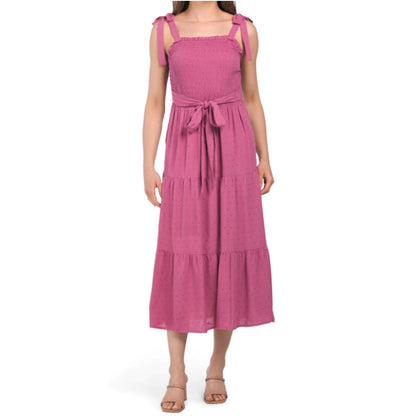 Lucky Brand Women's Swiss Dot Smocked Top Tired Midi Dress