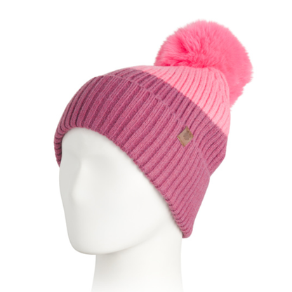 Lucky Brand Women's Color Block Ribbed Knit Knit Beanie Pom Cuffed Winter Hat