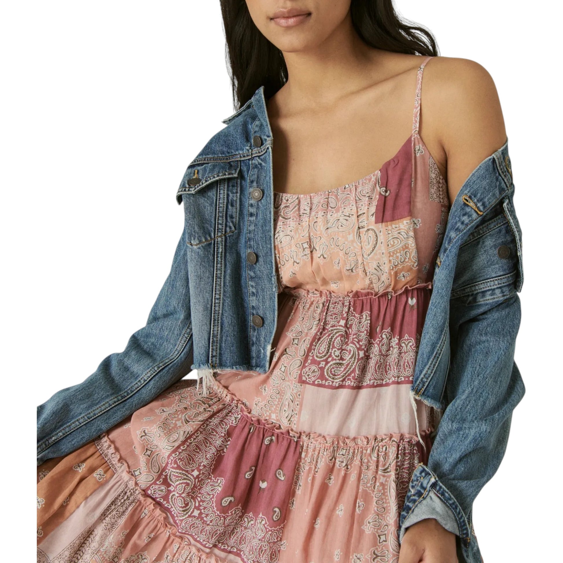 Lucky Brand Tiered Mini Dress Women's Dress Pink Multi : SM (US 4-6)