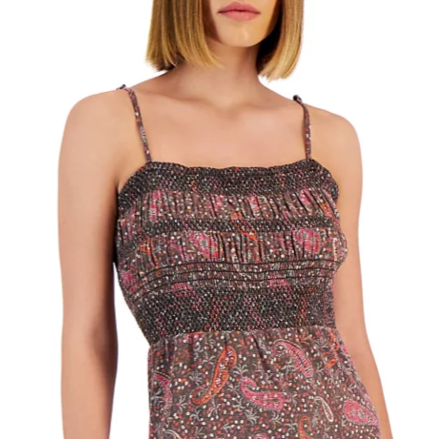 Lucky Brand Women's Paisley Print Embroidered Cotton Cut-out Tie Back Tired Maxi Dress