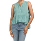 Lucky Brand Women's Linen Sleeveless Tie Neck Hi Low Ruffle Hem Top
