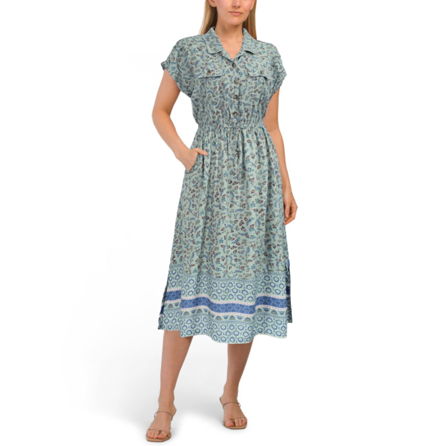 Lucky Brand Women's Border Floral Print Button Front Shirt Midi Dress
