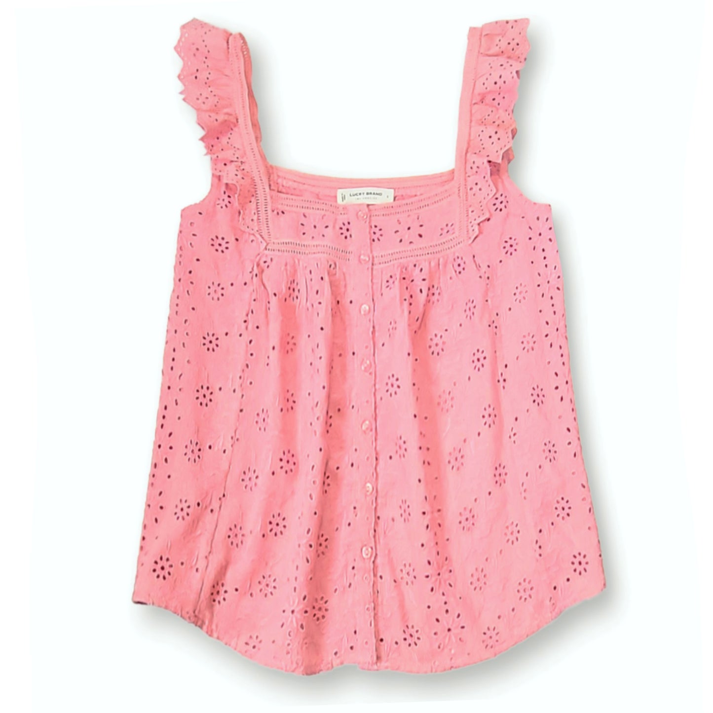 Lucky Brand Women's Embroidered Eyelet Ruffle Button Down Tank Top