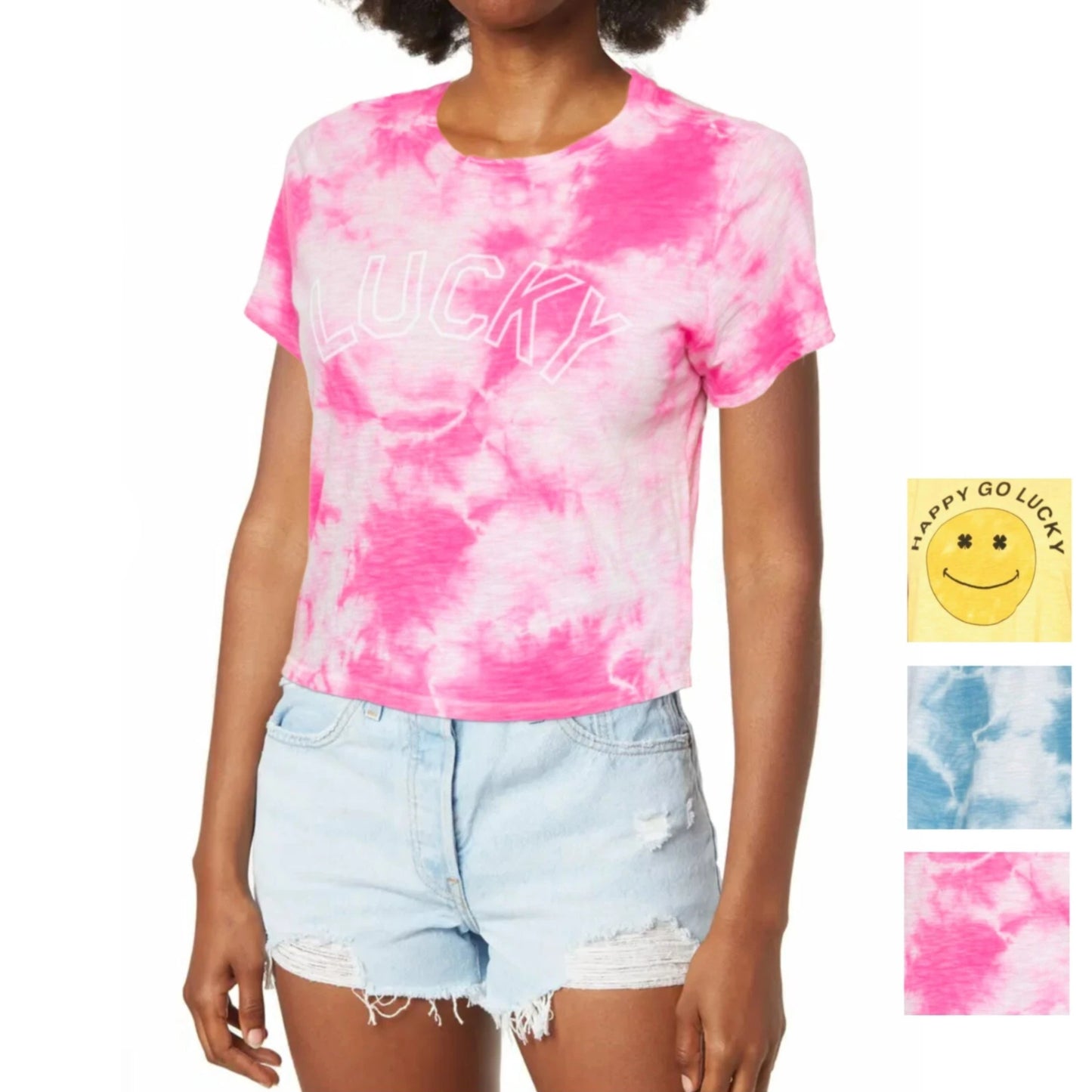 Lucky Brand Women's "Lucky" Graphic Print Tie-Dye Cotton Crop T-Shirt