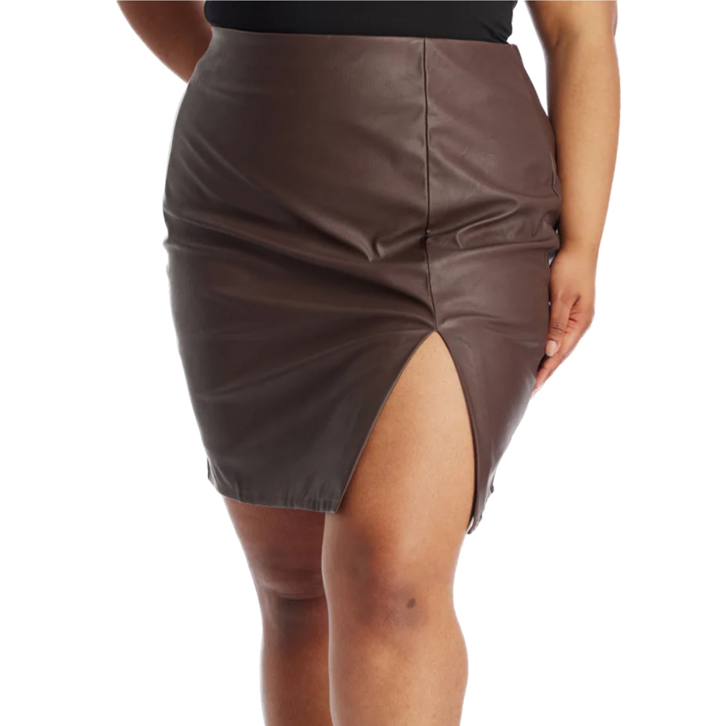 MAREE POUR TOI Women's Plus Asymmetrical Stretch Faux Leather Front Slit Pencil Mini Skirt