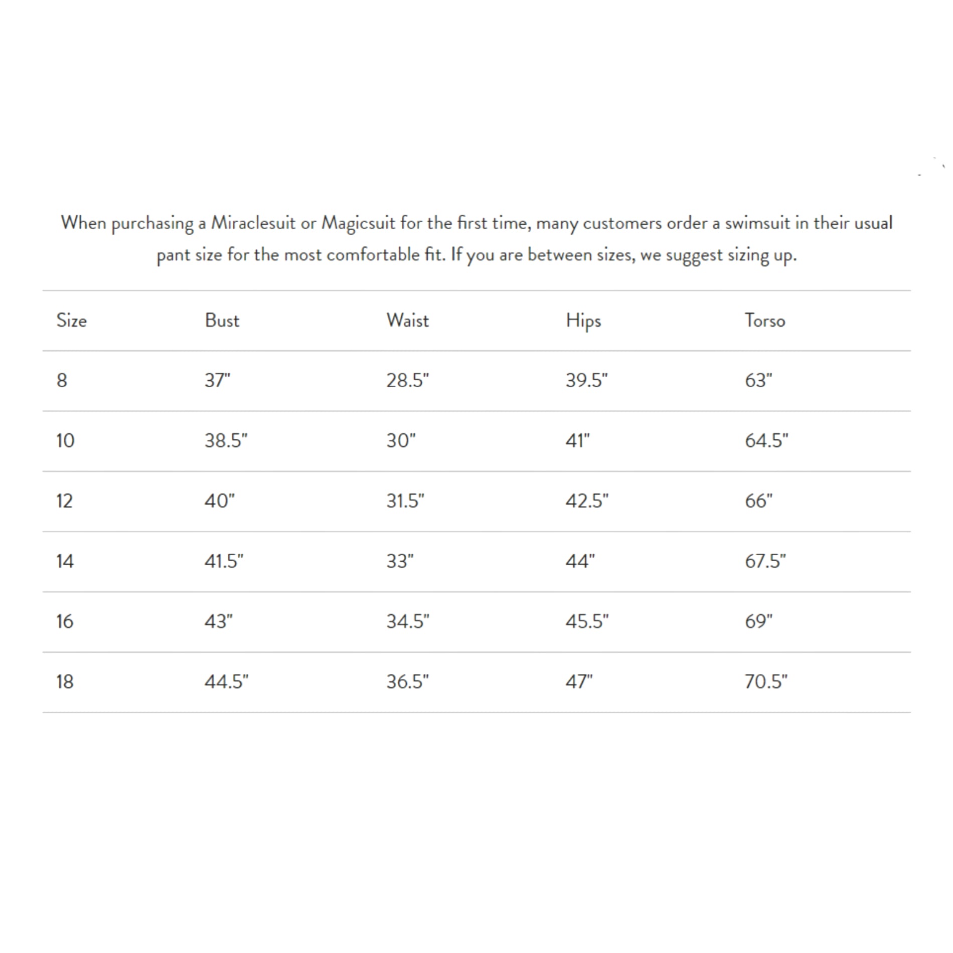 Magicsuit size clearance chart