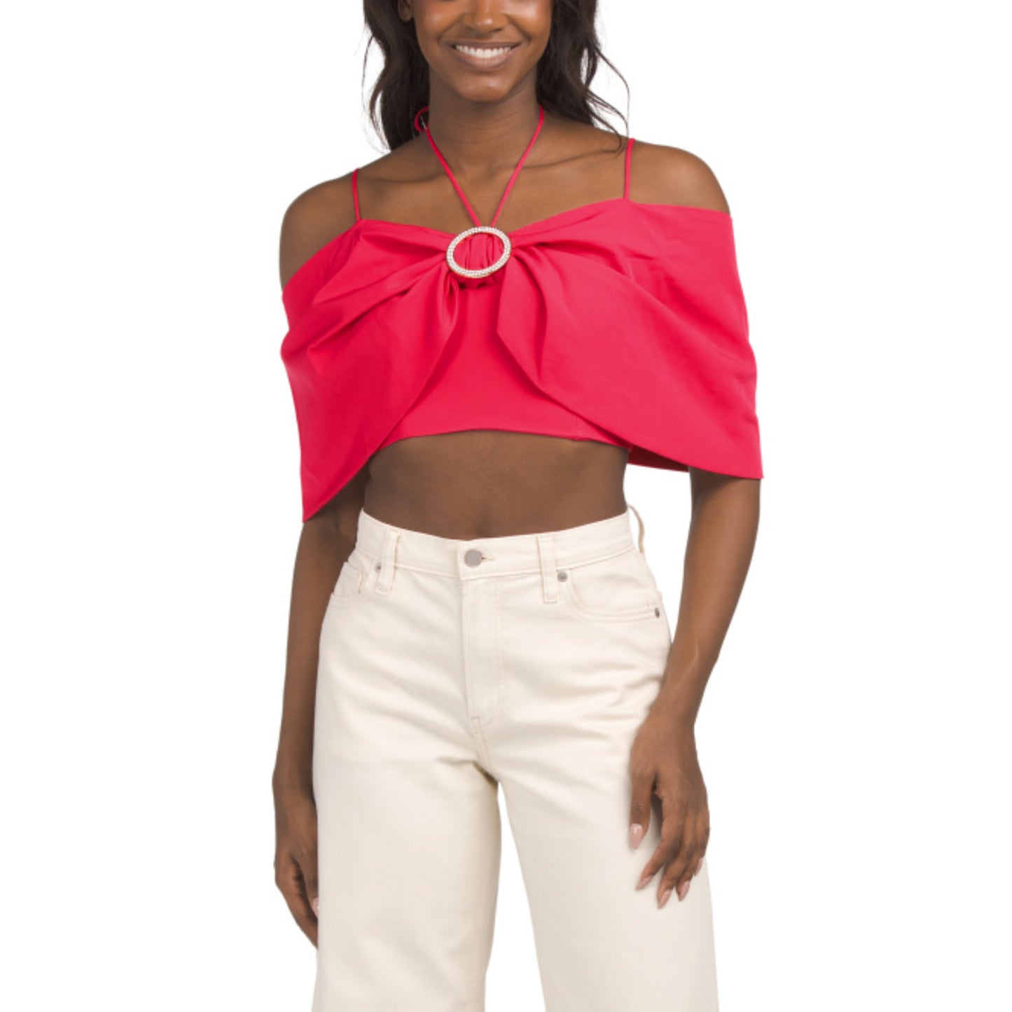 Elevate your wardrobe with this striking off-the-shoulder crop top blouse. Designed with a chic bow detail and embellished ring accent, it features adjustable shoulder straps for a customized fit. The short sleeves and straight neckline create a modern silhouette, while no-slip grip tape keeps everything in place. A convenient back zip closure makes dressing effortless. Crafted from a stretchy polyester-spandex blend, this hot pink blouse offers comfort and style for any occasion.