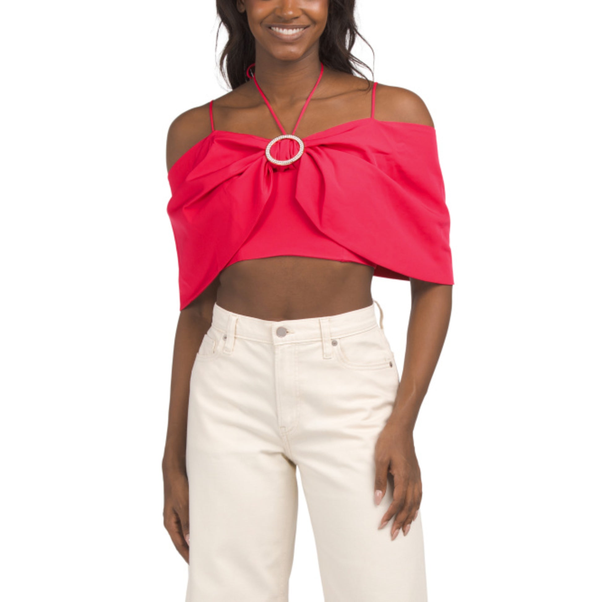 Elevate your wardrobe with this striking off-the-shoulder crop top blouse. Designed with a chic bow detail and embellished ring accent, it features adjustable shoulder straps for a customized fit. The short sleeves and straight neckline create a modern silhouette, while no-slip grip tape keeps everything in place. A convenient back zip closure makes dressing effortless. Crafted from a stretchy polyester-spandex blend, this hot pink blouse offers comfort and style for any occasion.