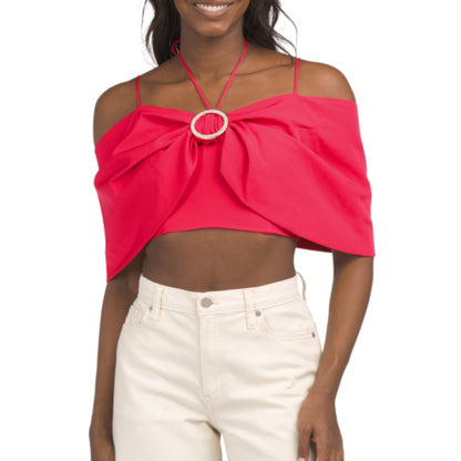 Elevate your wardrobe with this striking off-the-shoulder crop top blouse. Designed with a chic bow detail and embellished ring accent, it features adjustable shoulder straps for a customized fit. The short sleeves and straight neckline create a modern silhouette, while no-slip grip tape keeps everything in place. A convenient back zip closure makes dressing effortless. Crafted from a stretchy polyester-spandex blend, this hot pink blouse offers comfort and style for any occasion.
