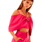 Elevate your wardrobe with this striking off-the-shoulder crop top blouse. Designed with a chic bow detail and embellished ring accent, it features adjustable shoulder straps for a customized fit. The short sleeves and straight neckline create a modern silhouette, while no-slip grip tape keeps everything in place. A convenient back zip closure makes dressing effortless. Crafted from a stretchy polyester-spandex blend, this hot pink blouse offers comfort and style for any occasion.
