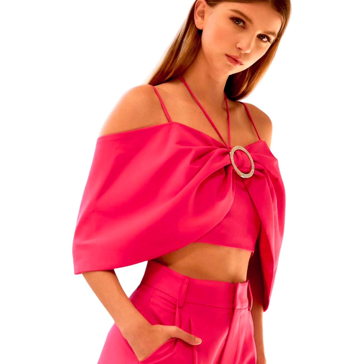 Elevate your wardrobe with this striking off-the-shoulder crop top blouse. Designed with a chic bow detail and embellished ring accent, it features adjustable shoulder straps for a customized fit. The short sleeves and straight neckline create a modern silhouette, while no-slip grip tape keeps everything in place. A convenient back zip closure makes dressing effortless. Crafted from a stretchy polyester-spandex blend, this hot pink blouse offers comfort and style for any occasion.