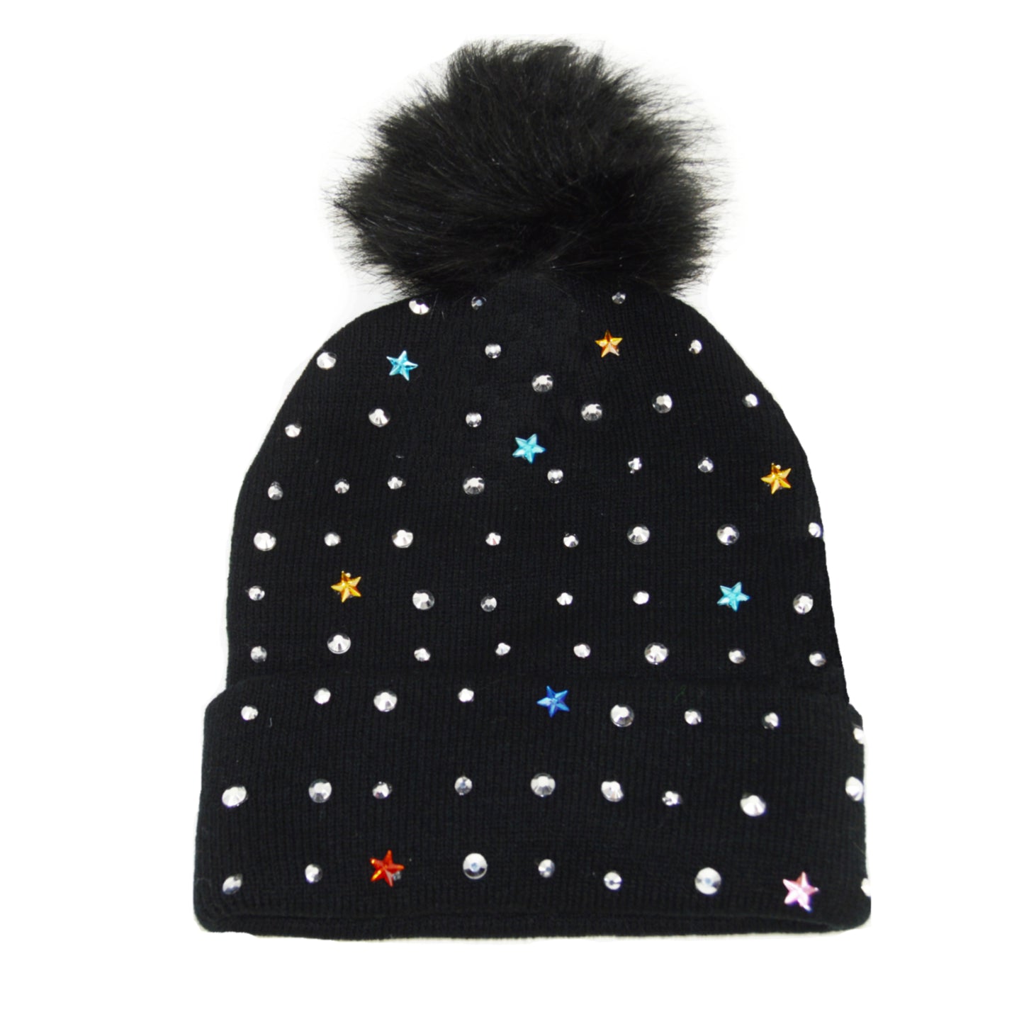 Maniere Youth Girls Studded Stars Pom Pom Beanie Winter Hat