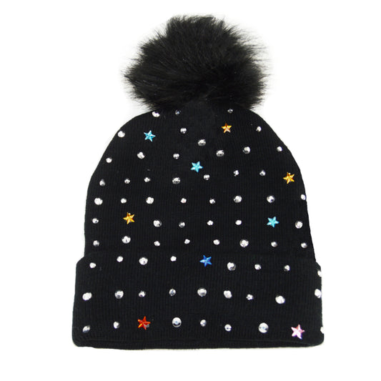 Maniere Youth Girls Studded Stars Pom Pom Beanie Winter Hat