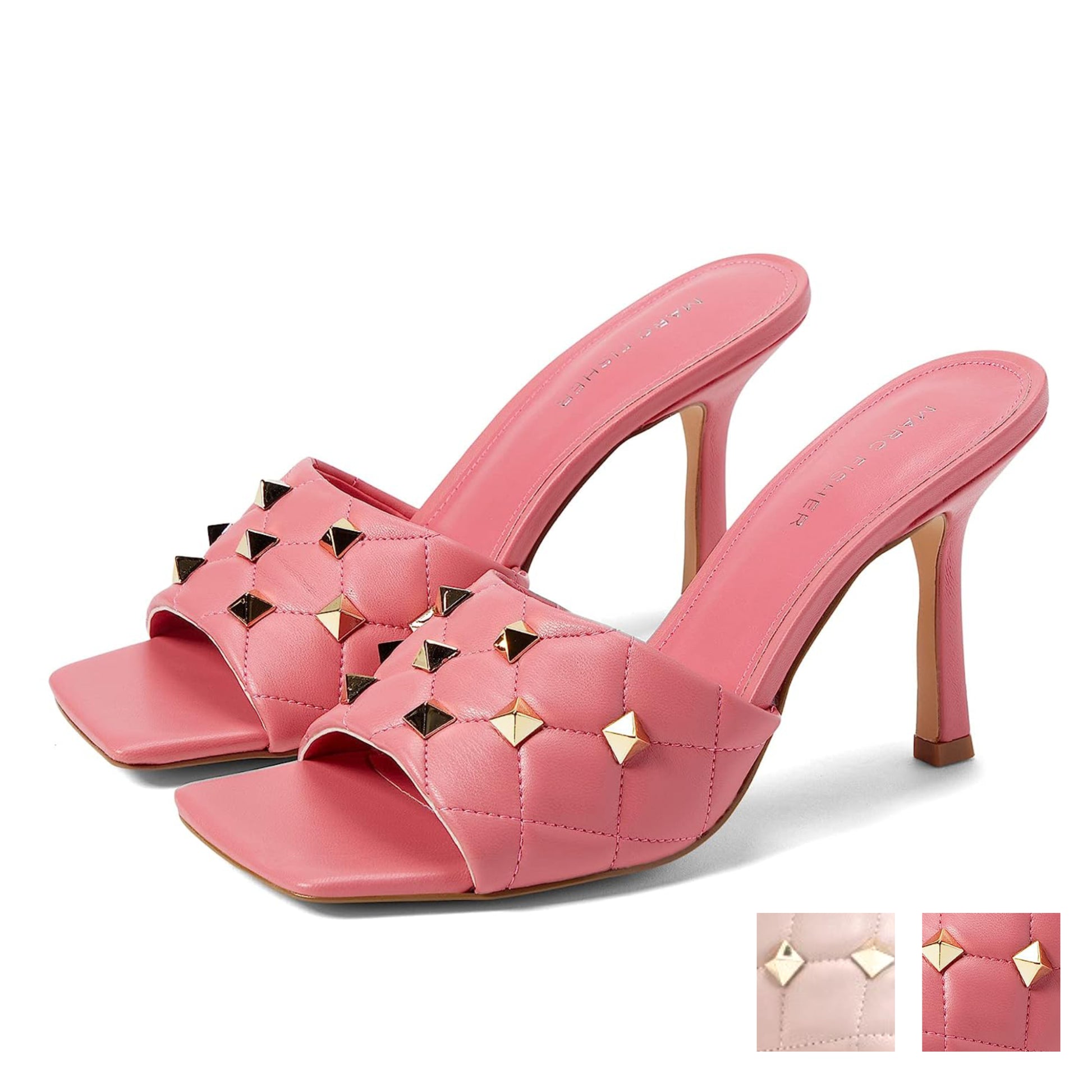 Add an elegant touch to your look with the Studded Heels from Marc Fisher. Featuring a luxurious quilted band adorned with gold-tone studs, these open-toe sandals deliver sophisticated elegance for any occasion. The 4-inch stiletto heel and slide-on design offer both glamour and comfort, while the square toe silhouette adds modern flair. Pairs well with formal and casual outfits.