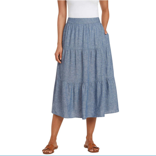 Matty M Women's Linen Blend Side Slit Pockets Tiered Midi Skirt
