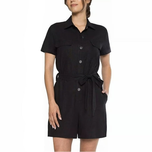 Matty M Women's Linen Blend Belted Button Front Romper