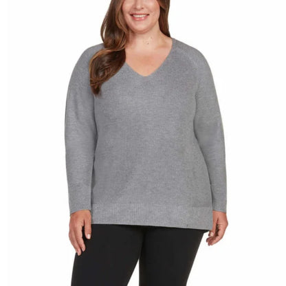 Matty M Women's Plus Relaxed Fit Ribbed Knit V-Neck Tunic Sweater