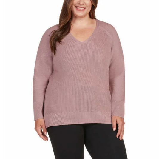 Matty M Women's Plus Relaxed Fit Ribbed Knit V-Neck Tunic Sweater