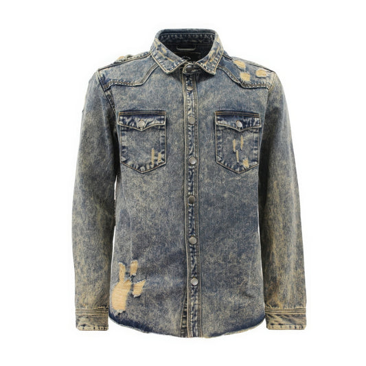 Men's Vintage Look Button Down Cotton Ripped Denim Shirt