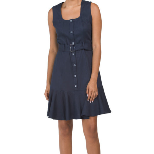 Nanette Lepore Women's Linen Ruffle Hem Belted Sleeveless Mini Dress