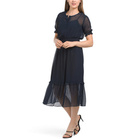 NANETTE LEPORE Women's Ruffle Hem Chiffon Clip Dot Midi Dress