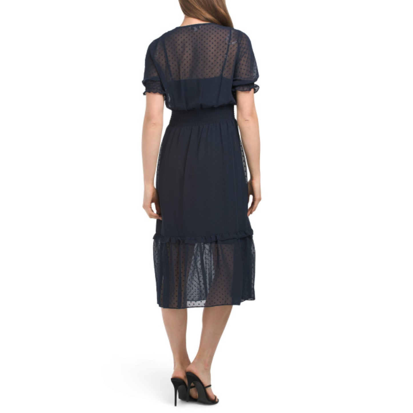 NANETTE LEPORE Women's Ruffle Hem Chiffon Clip Dot Midi Dress