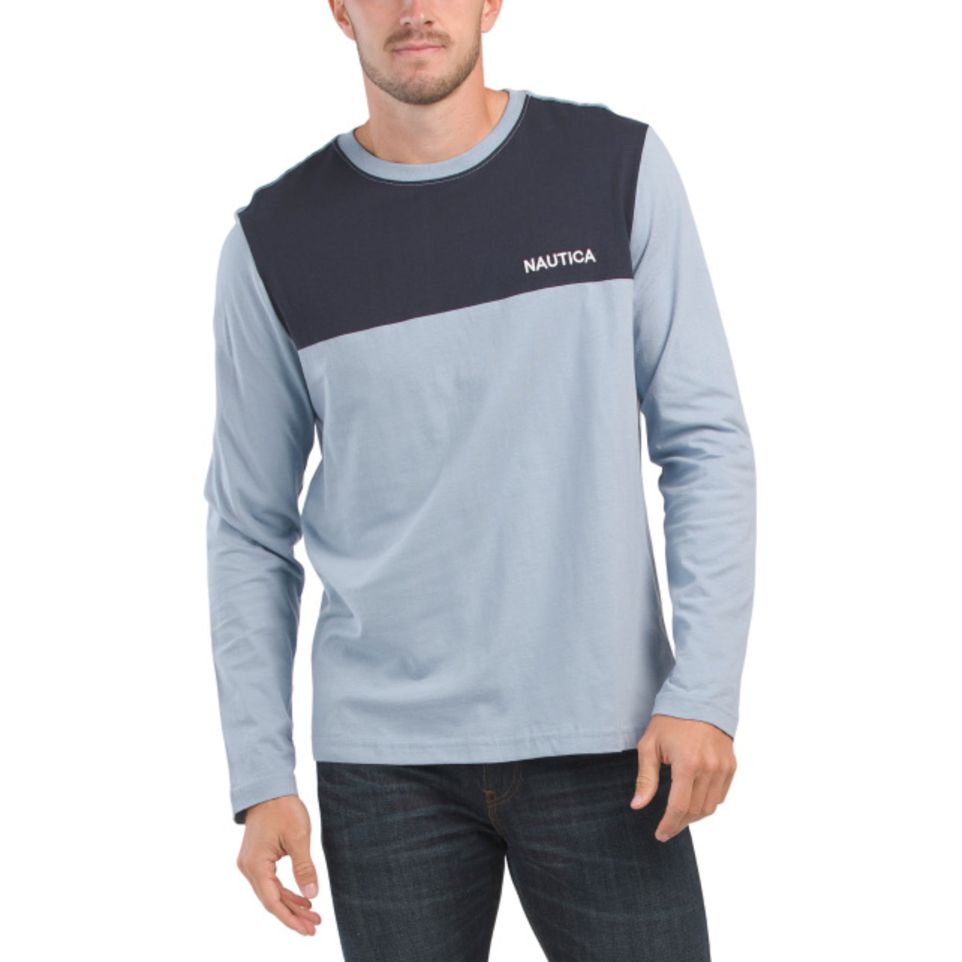 Nautica Men's Long Sleeve Tee Soft Cotton Jersey Color Block Logo Tee T-Shirt