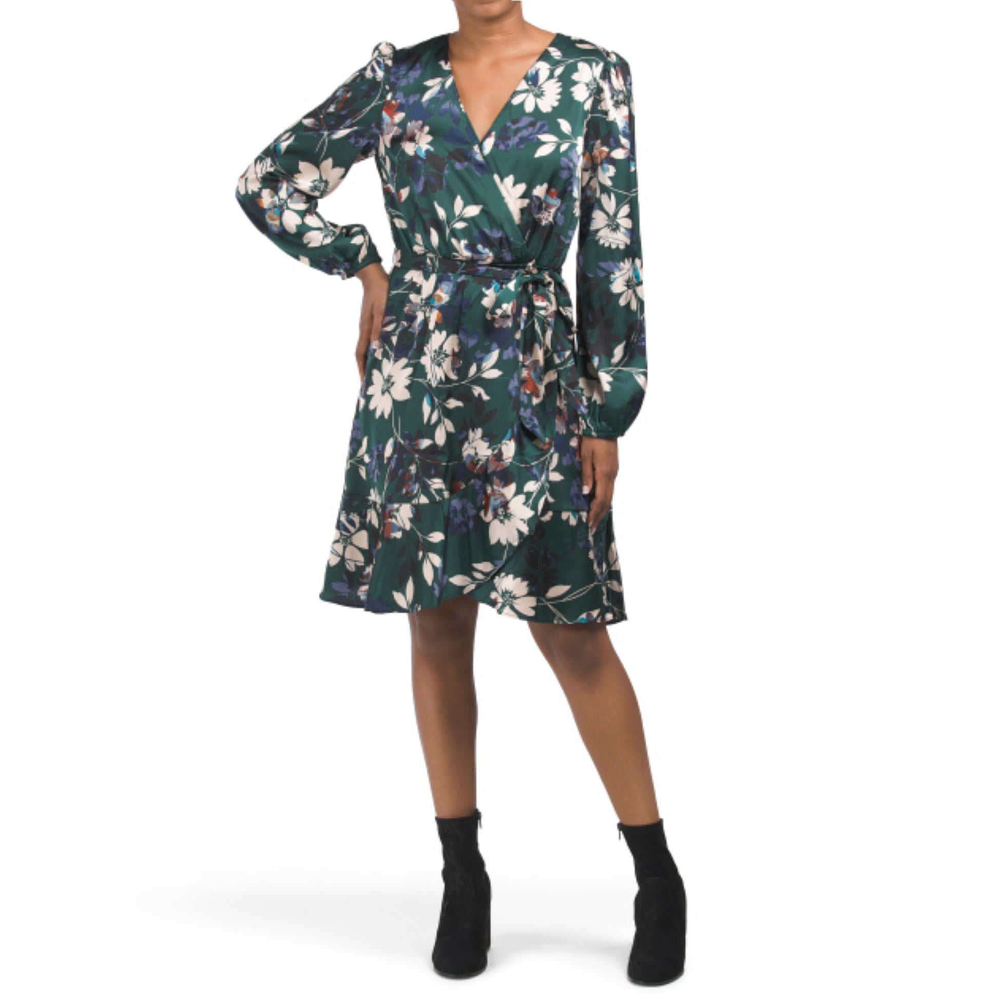 NICOLE MILLER NY Women's Long Sleeve Floral Satin Wrap Style Mini Dress