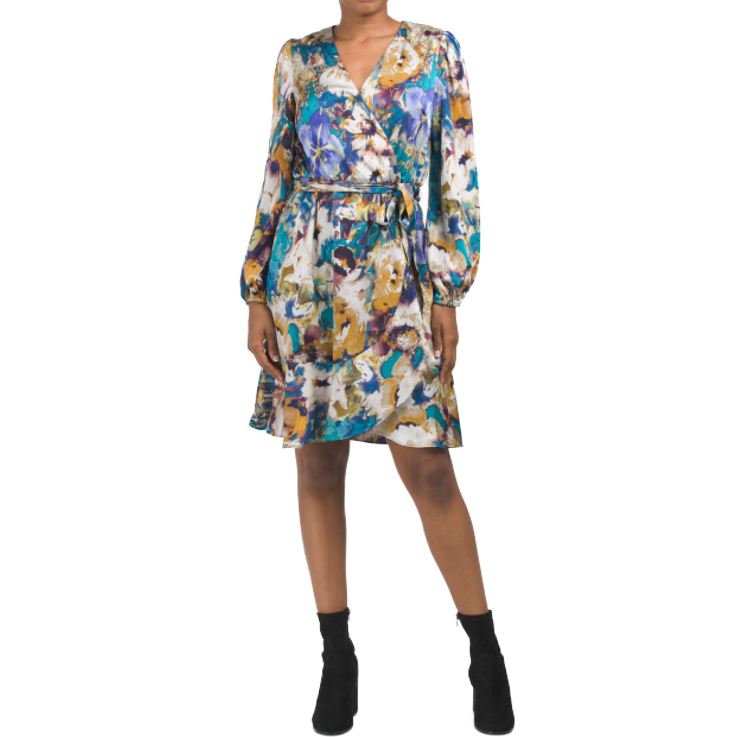 NICOLE MILLER NY Women's Long Sleeve Floral Satin Wrap Style Mini Dress