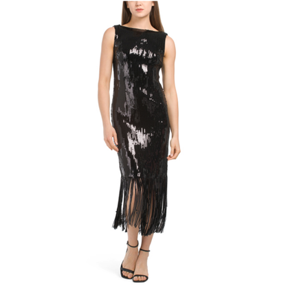 Nanette Lepore Women's Boat Neck Sequin Fringe Hem Maxi Dress Black