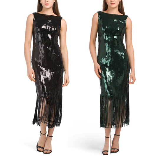 Nanette Lepore Women's Boat Neck Sequin Fringe Hem Maxi Dress