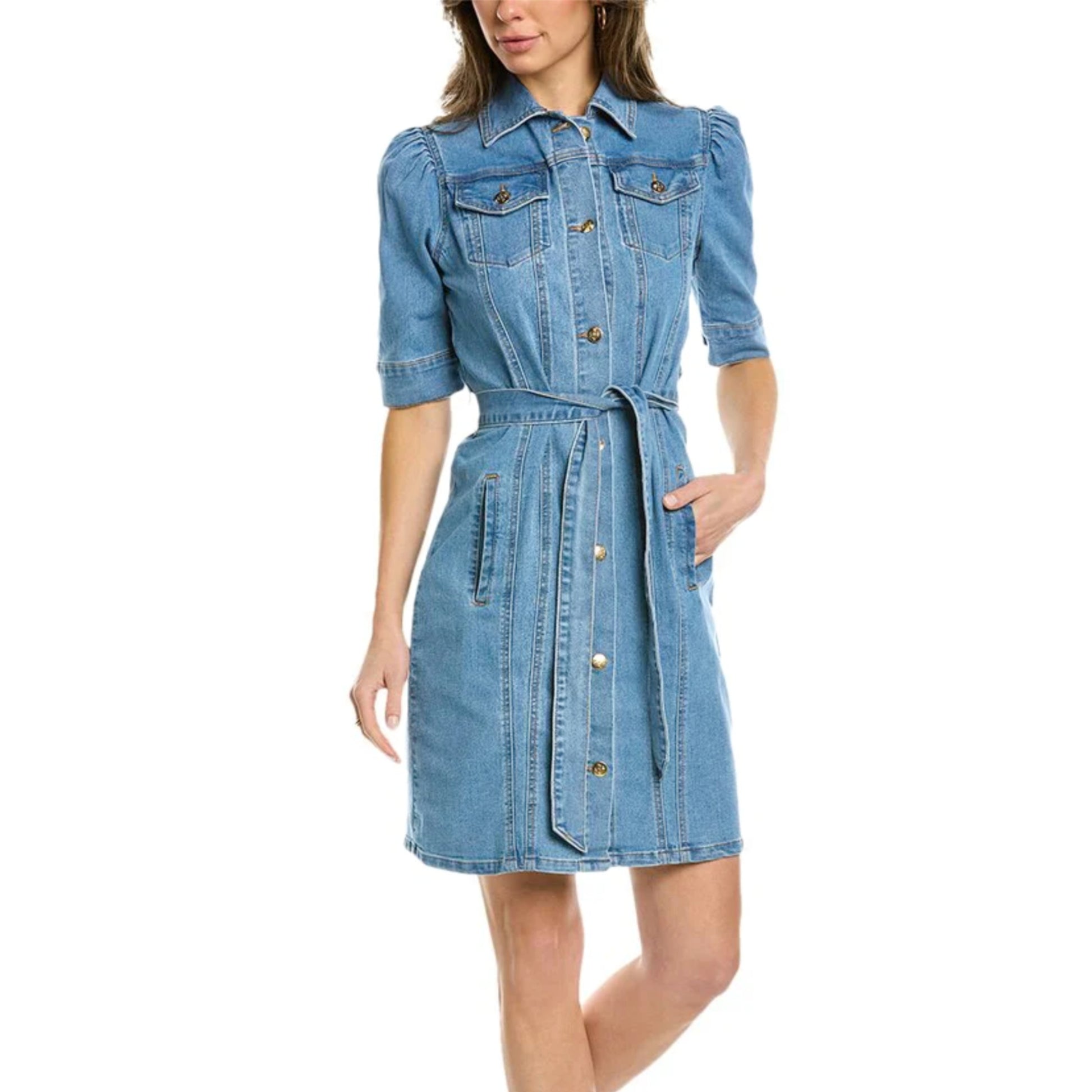 Nanette Lepore Women's Belted Button Front Stretch Denim Shirt Mini Dress