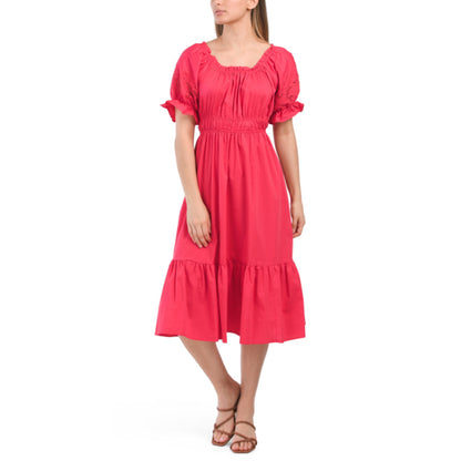 Nanette Lepore Women's Eyelet Puff Off the Shoulder Ruffle Hem Cotton Midi Dress
