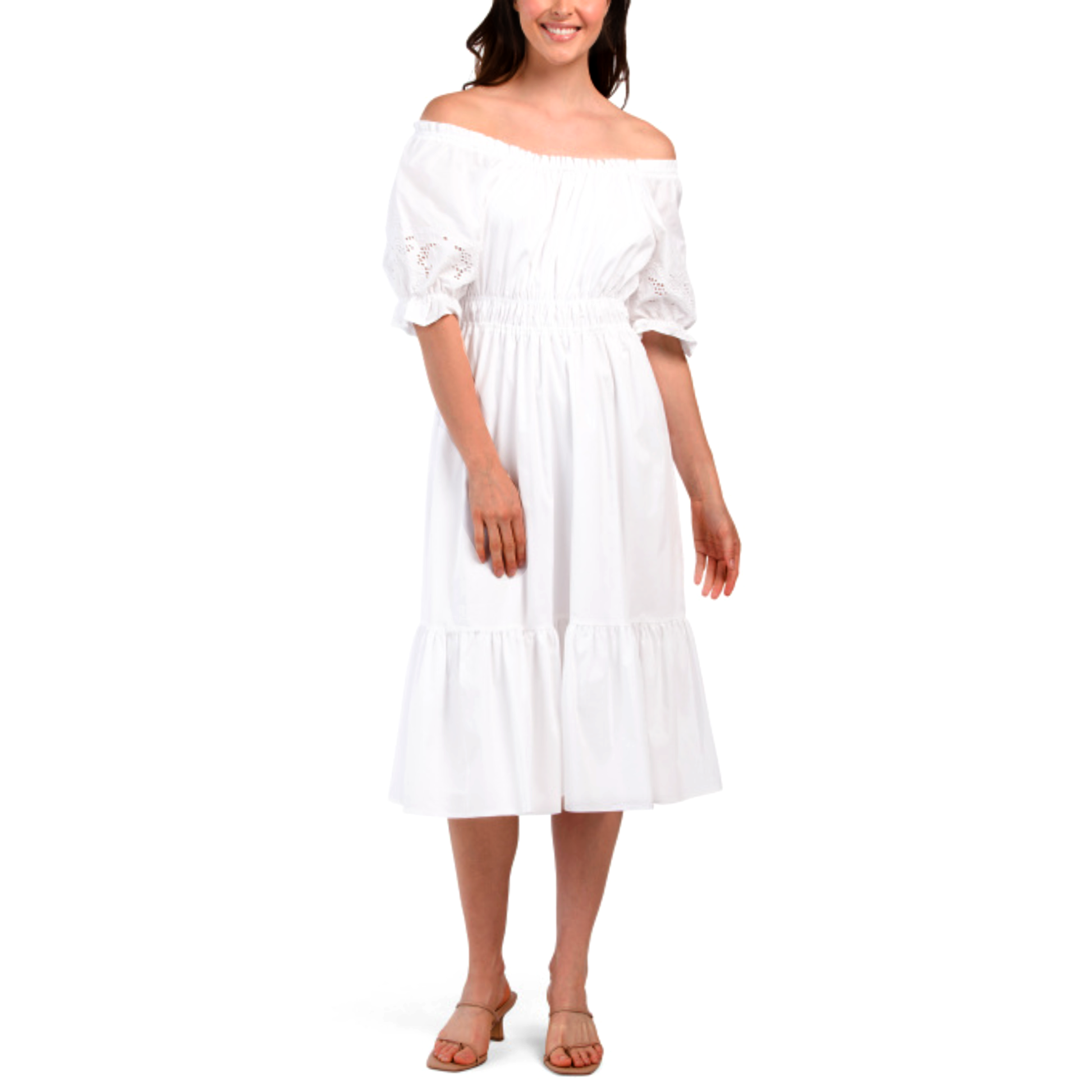 Nanette Lepore Women's Eyelet Puff Off The Shoulder Ruffle Hem Cotton Midi Dress (White, 12) Nanette Lepore Women's Eyelet Puff Off The Shoulder Ruffle Hem Cotton Midi Dress (White, 12)