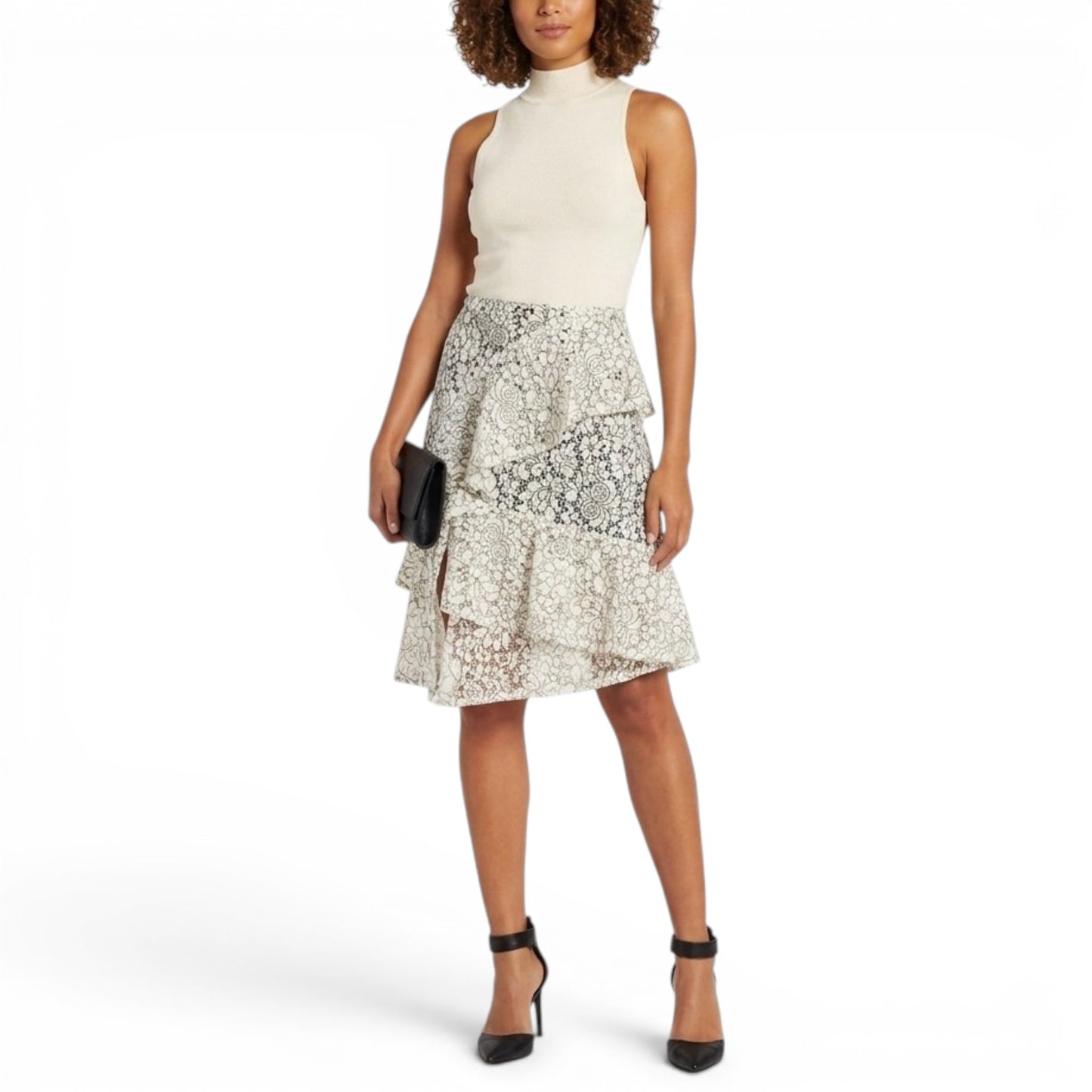 Nanette Lepore Women's Lace Overlay Front Slit Asymmetrical Ruffle Midi Skirt