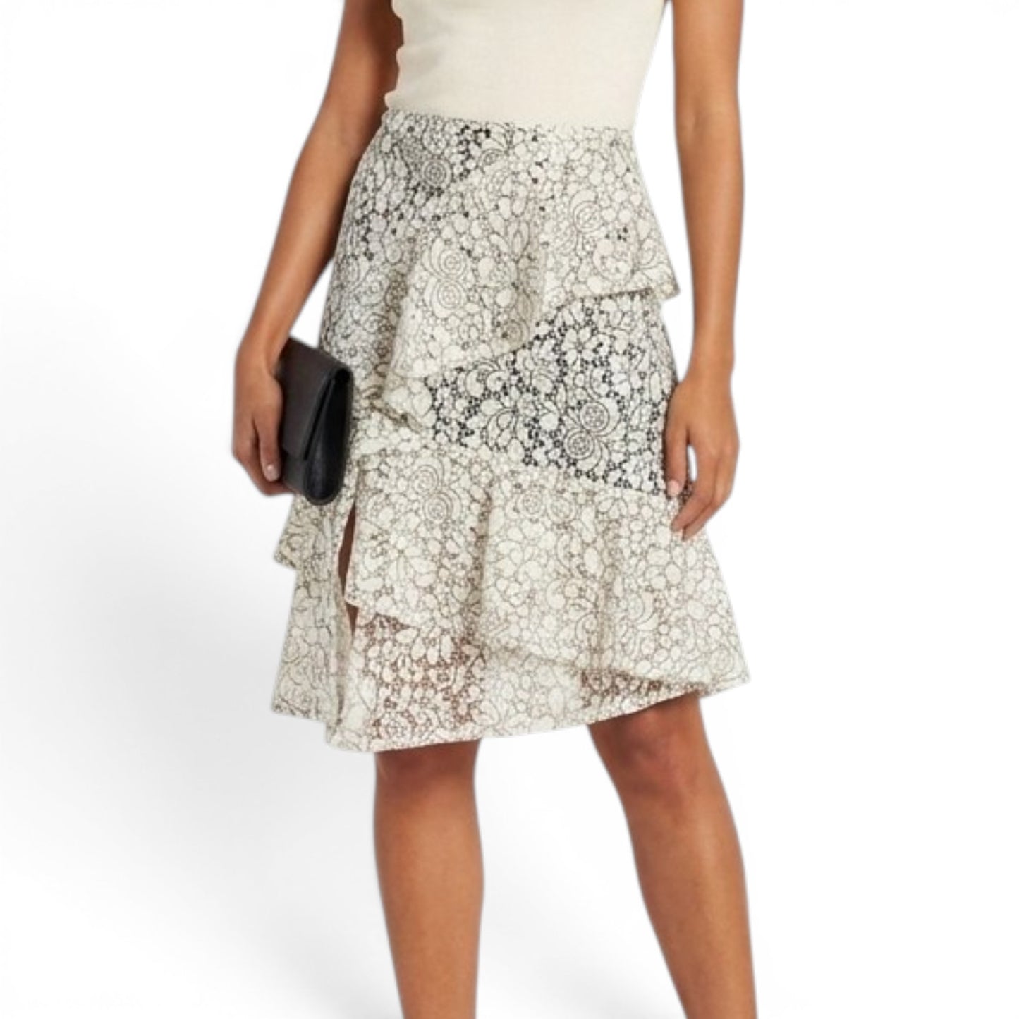 Nanette Lepore Women's Lace Overlay Front Slit Asymmetrical Ruffle Midi Skirt