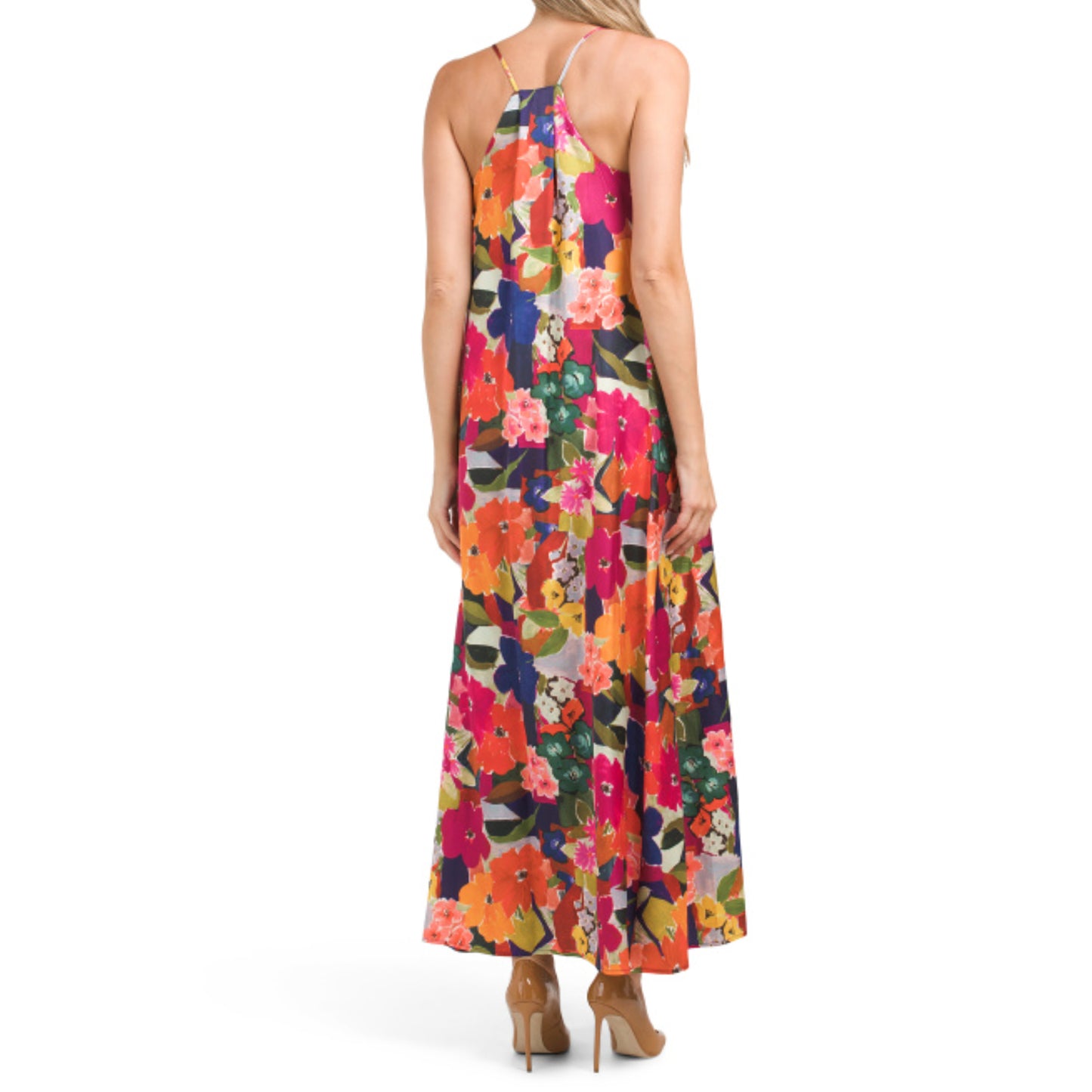 Nicole Miller Abstract Floral Print Slip on Satin Maxi Dress