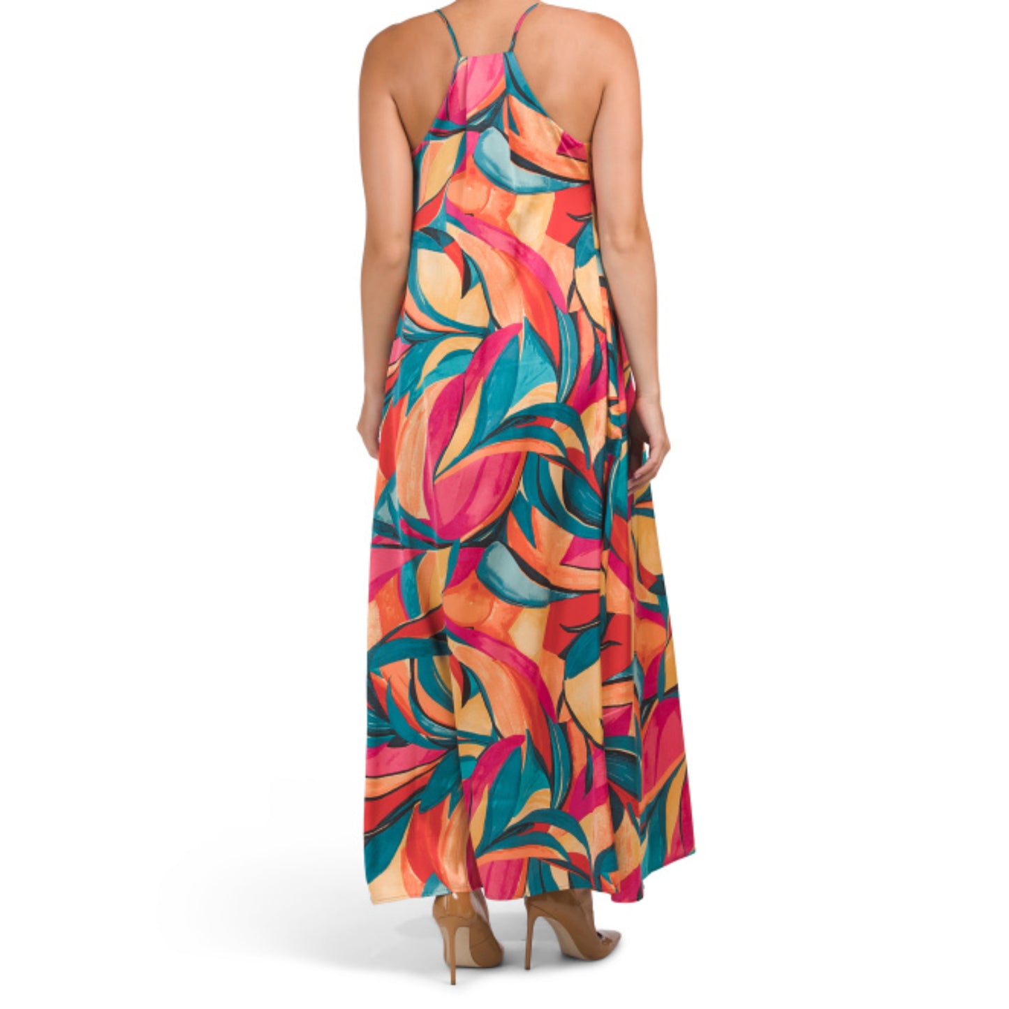 Nicole Miller Abstract Floral Print Slip on Satin Maxi Dress