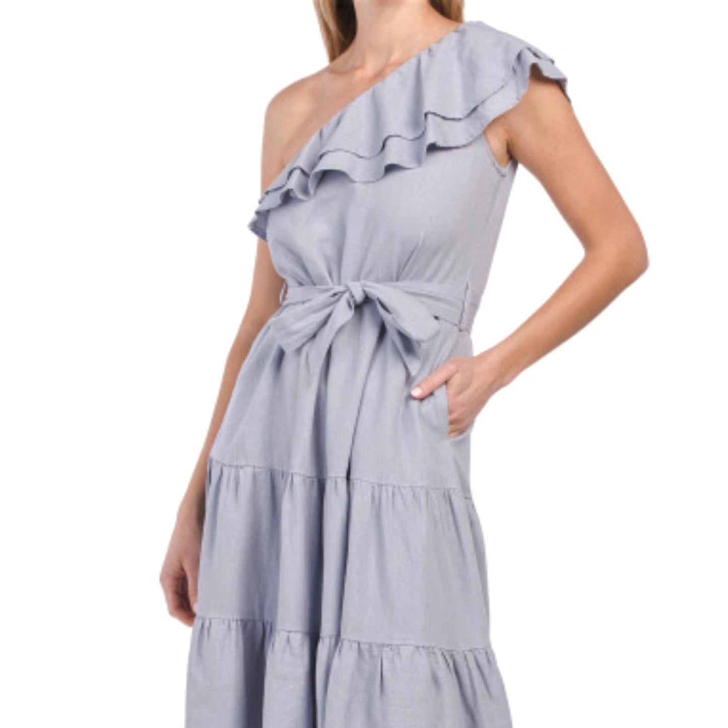 Nicole Miller Asymmetrical One Shoulder Ruffle Trim Linen Tiered Midi Dress