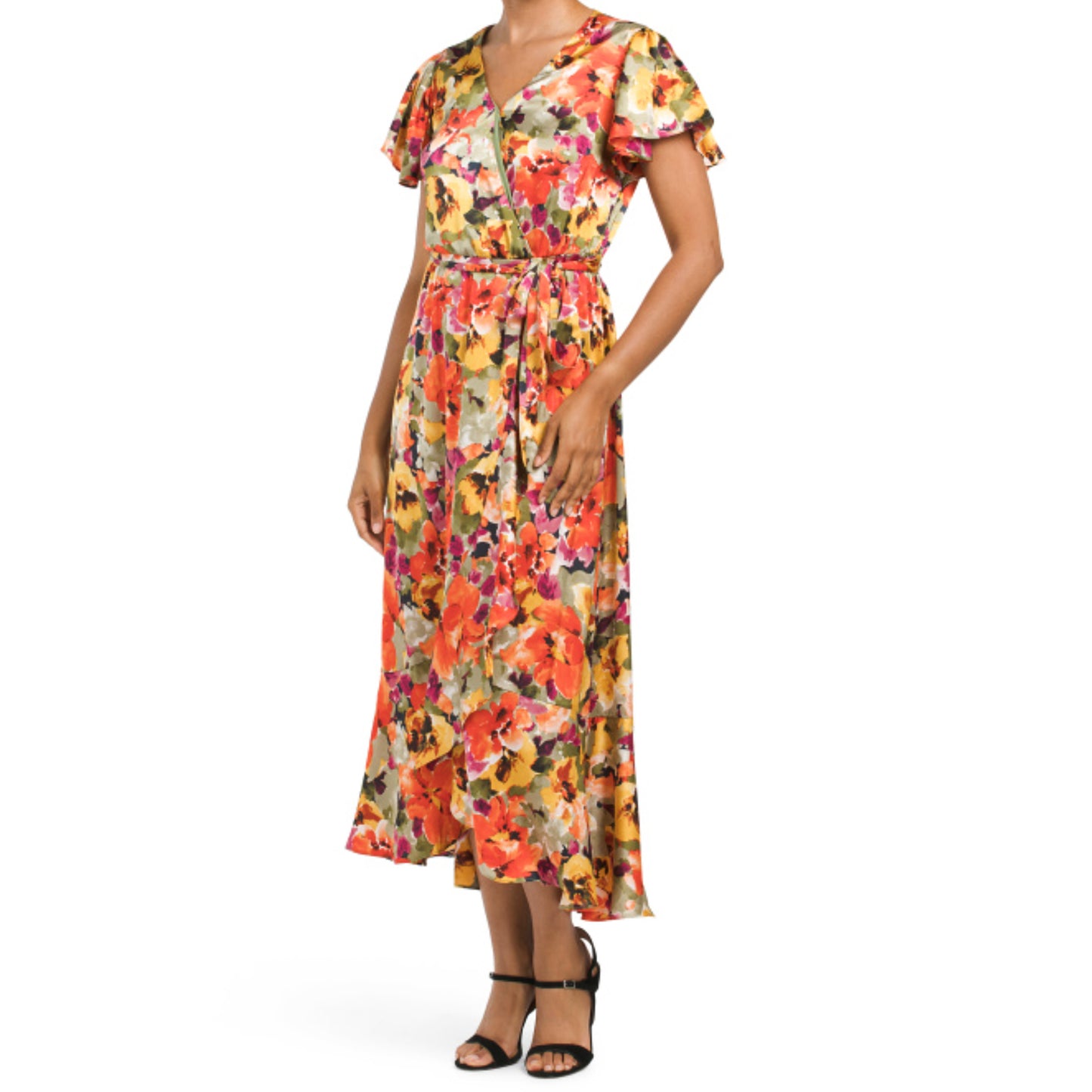 Nicole Miller Women's Floral Print Satin Asymmetrical Ruffle Front Wrap Midi Dress