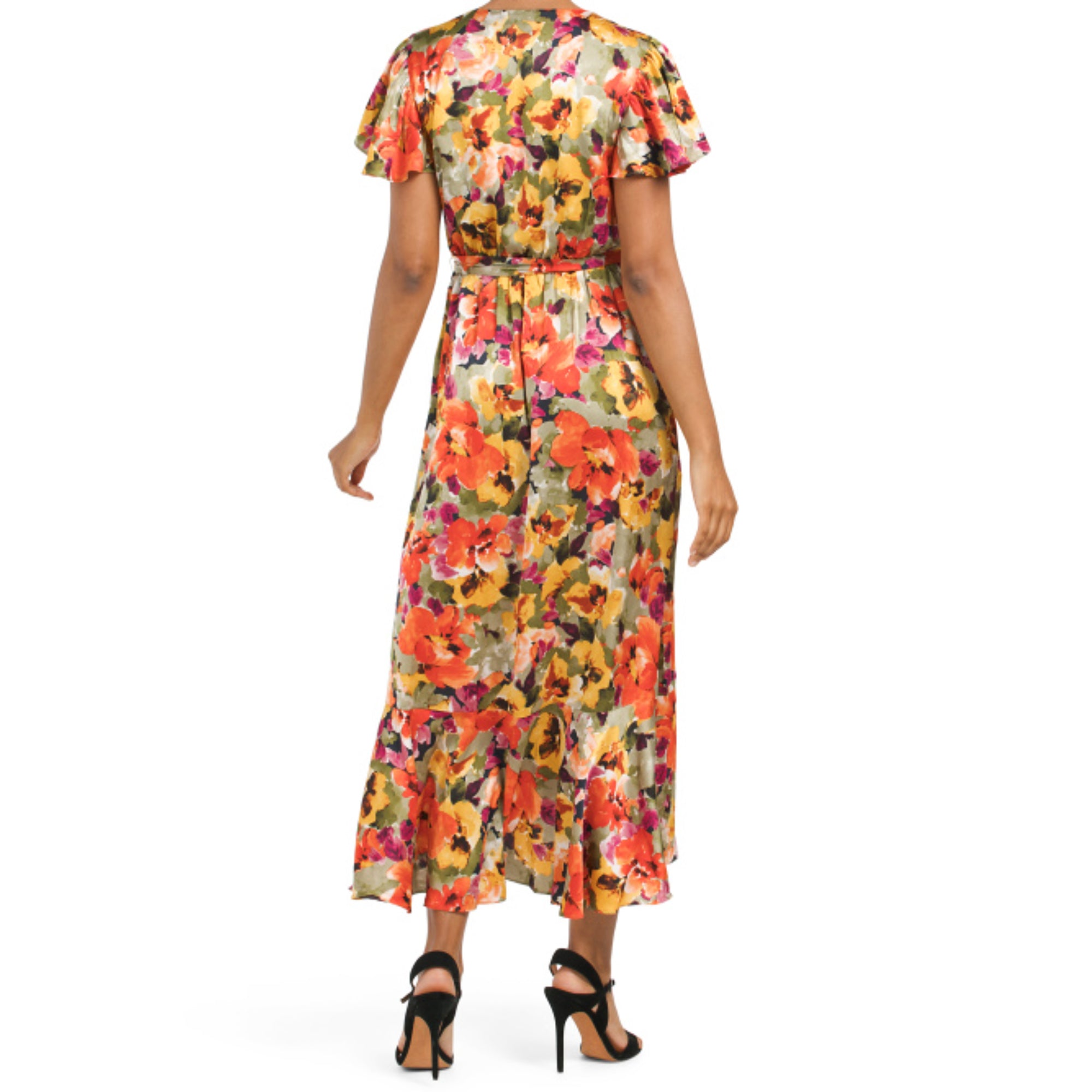 Nicole Miller Women's Floral Print Satin Asymmetrical Ruffle Front Wrap  Midi Dress