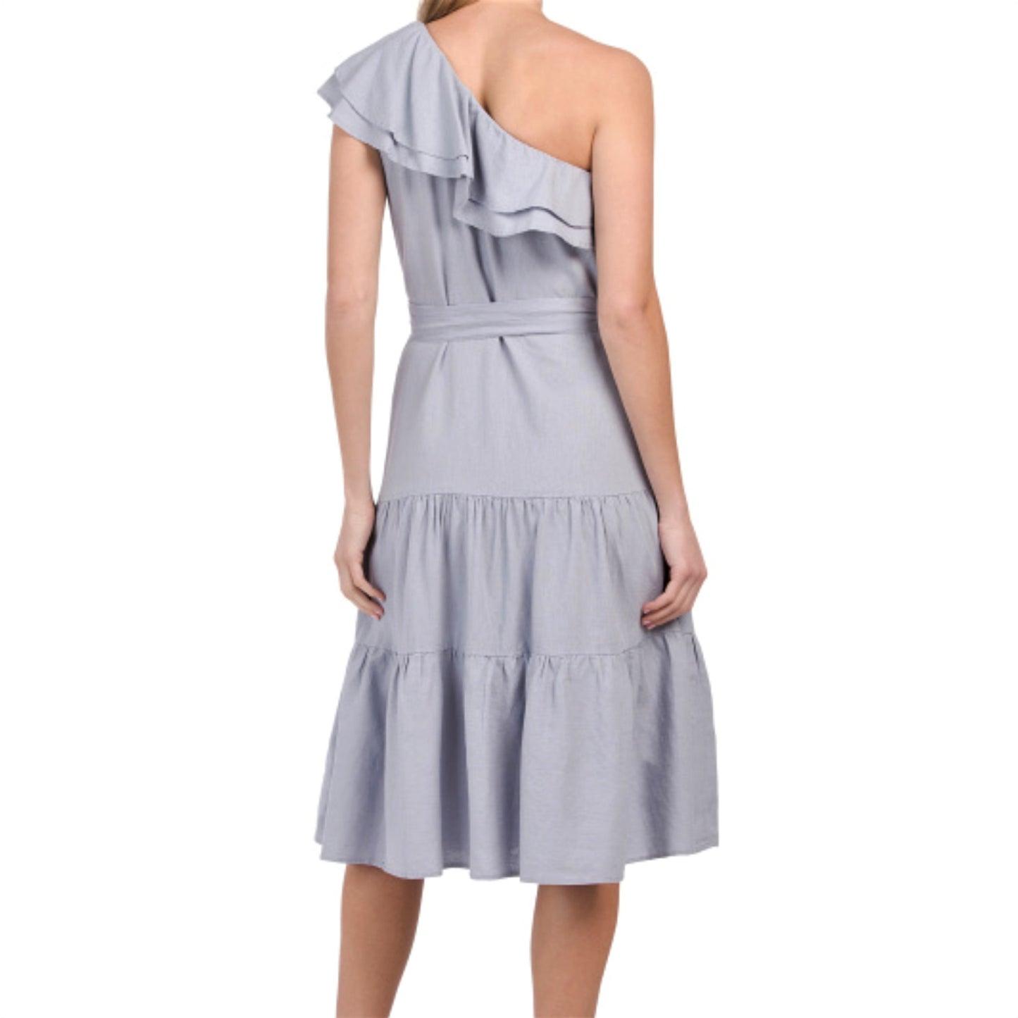 Nicole Miller Asymmetrical One Shoulder Ruffle Trim Linen Tiered Midi Dress