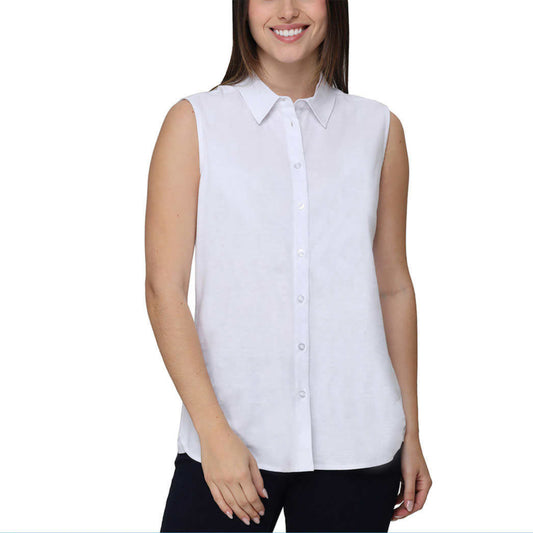 Nicole Miller Women's Linen Blend Sleeveless Top Button Front Blouse Tunic