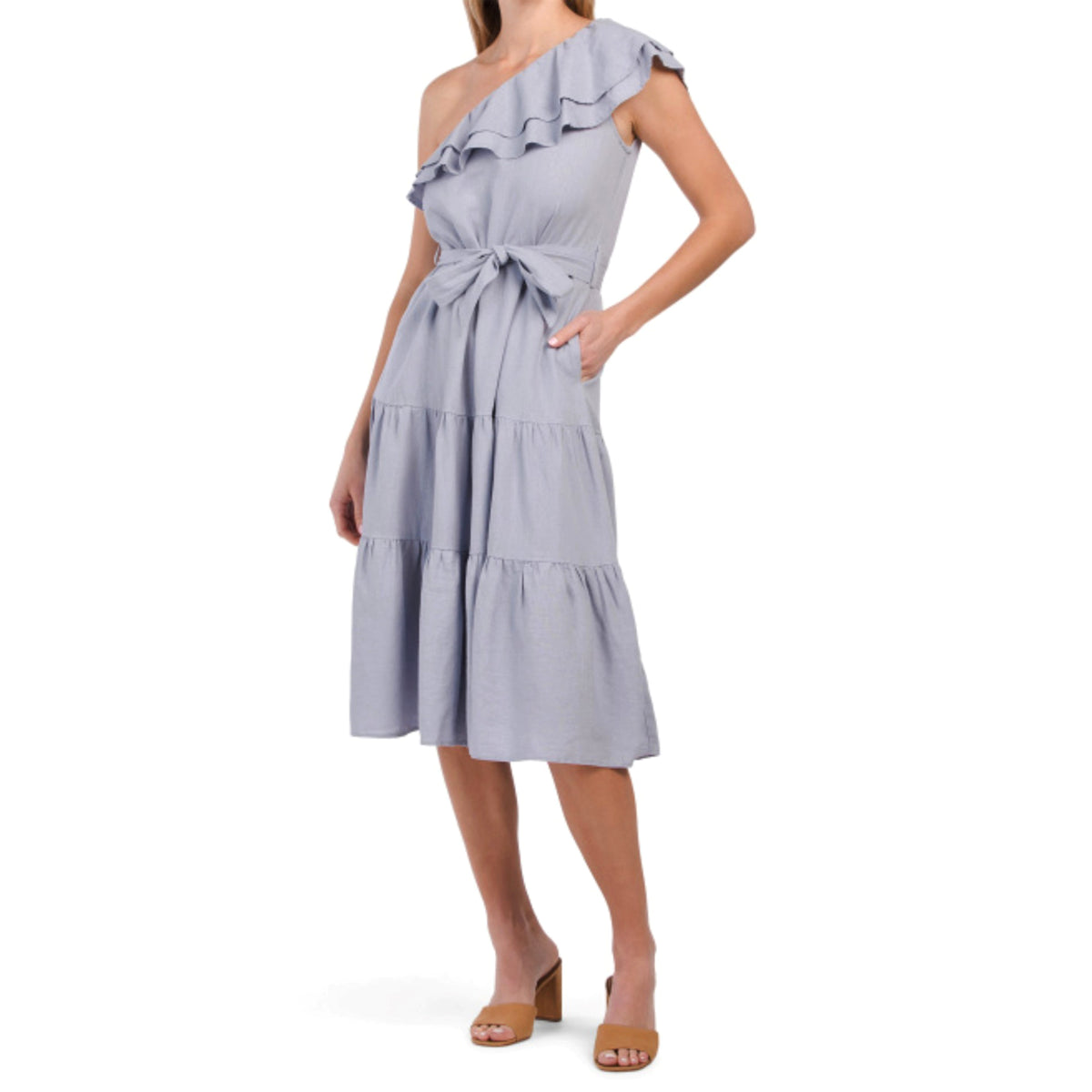 nicole miller linen dress Women's Asymmetrical One Shoulder Ruffle Trim Tiered Midi 45in long Pull Material:Cream white CLEARANCE26 Elegant Light Blue Ruffle
