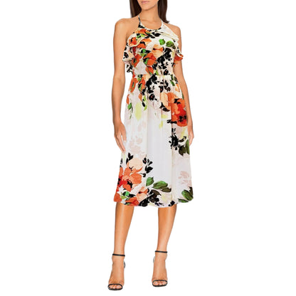 Nicole Miller Women's Floral Print Halter Ruffle Neck Fit & Flare Midi Dress